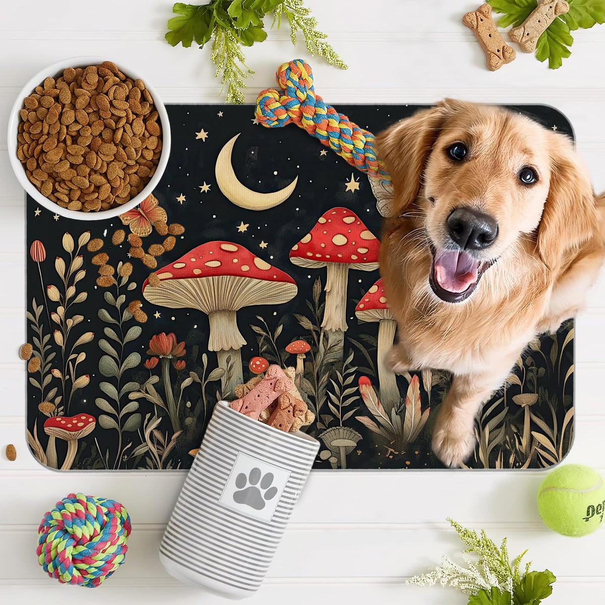 Red Mushrooms Pet Feeding Mat (16"L x 16"W / Red Mushrooms Wildflower Butterfly)