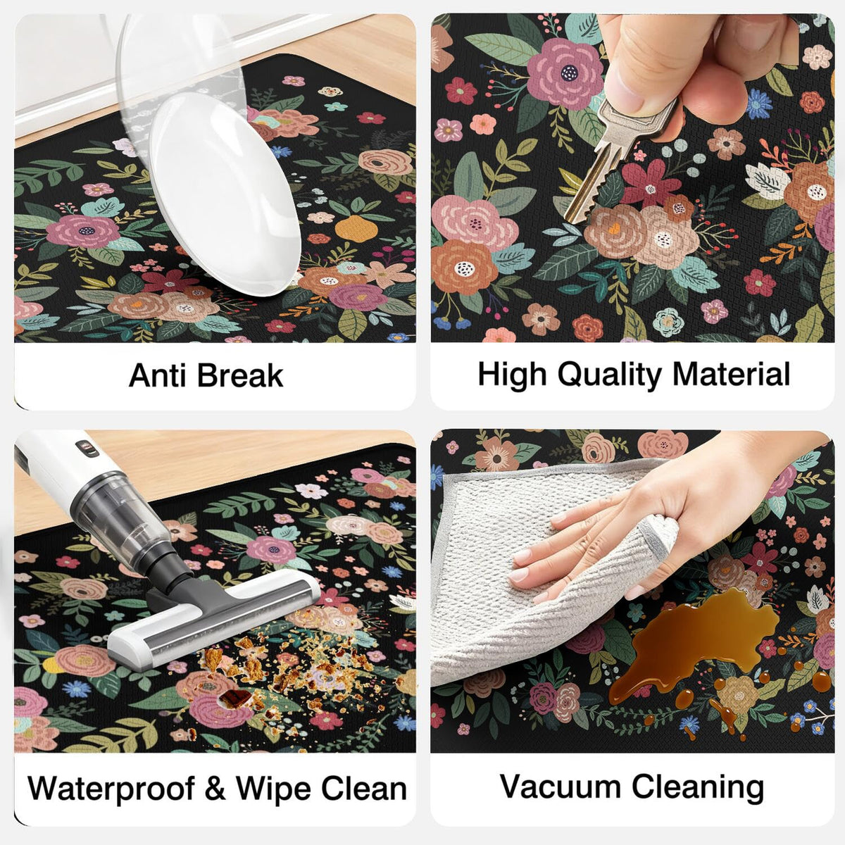 Anti Fatigue Boho Kitchen Rugs Set of 2 (Floral-black)