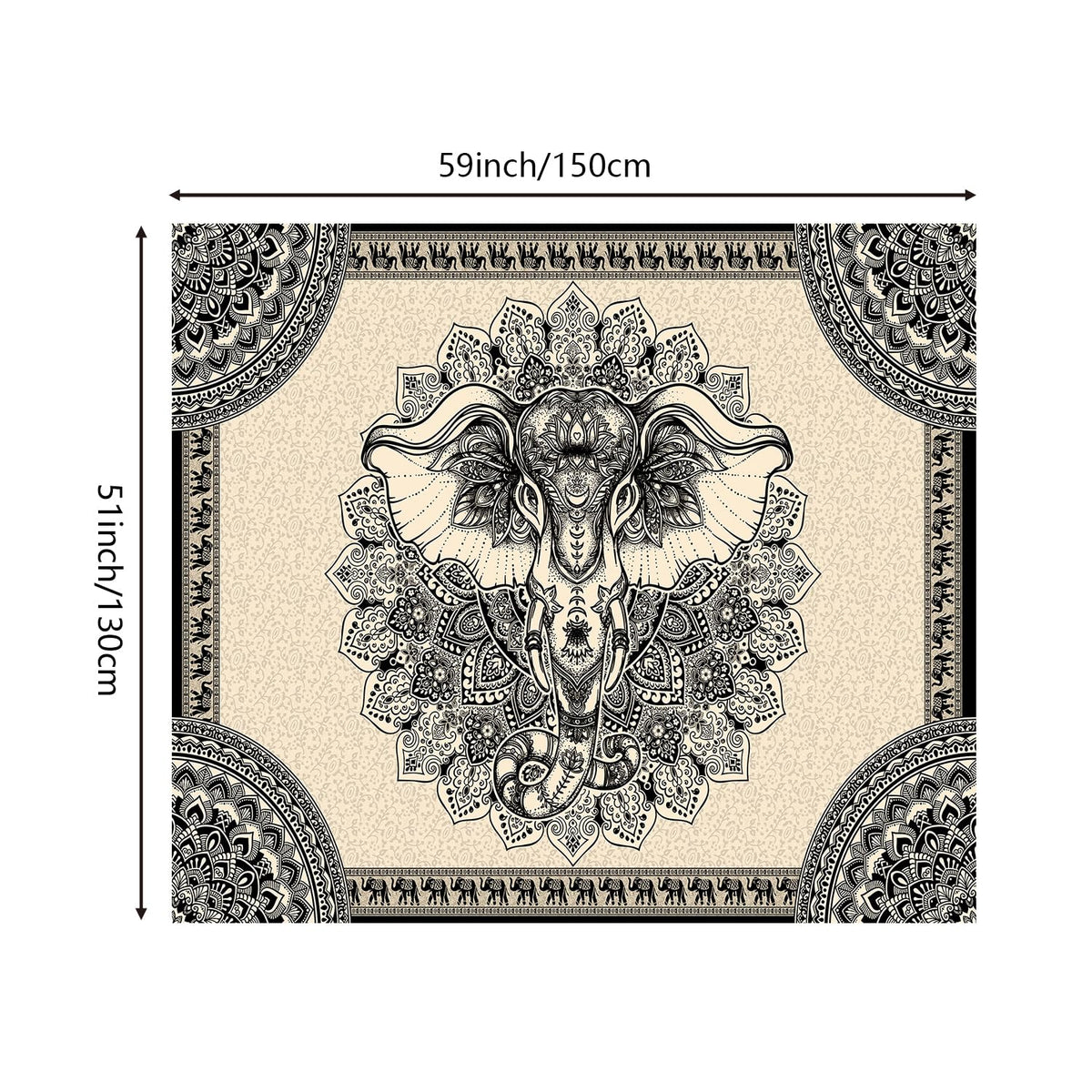 Elephant Wall Tapestry (Black & Light gold / 59"L x 51"W)
