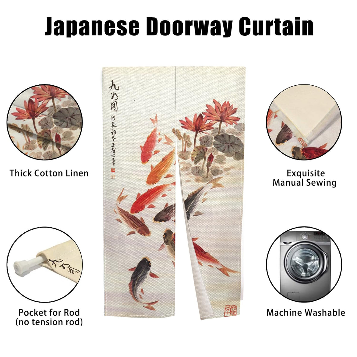 Chinese Ink Painting Carps Koi Fishes Doorway Curtain Japanese Noren Long Door Curtains Bring You Good Luck Tapestry for Bedroom Divider Kitchen Partition Bathroom Door Decor (Beige)
