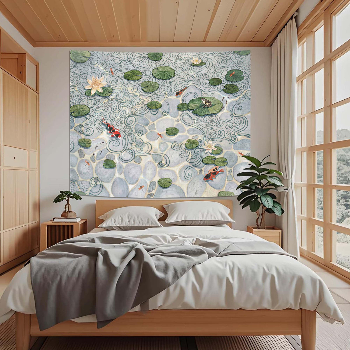 Japanese Lotus Pond Tapestry (Art Deco / Gray / 60"L x 44"W)