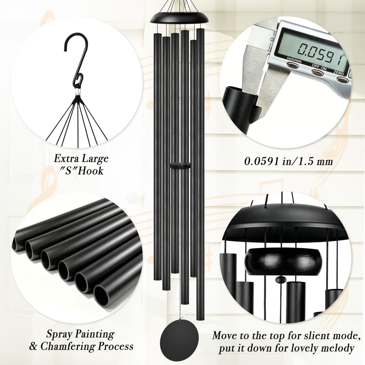 80" Extra Large Wind Chimes for Outside Deep Tone Wind Chimes Garden Decor (Black Thick / 80")
