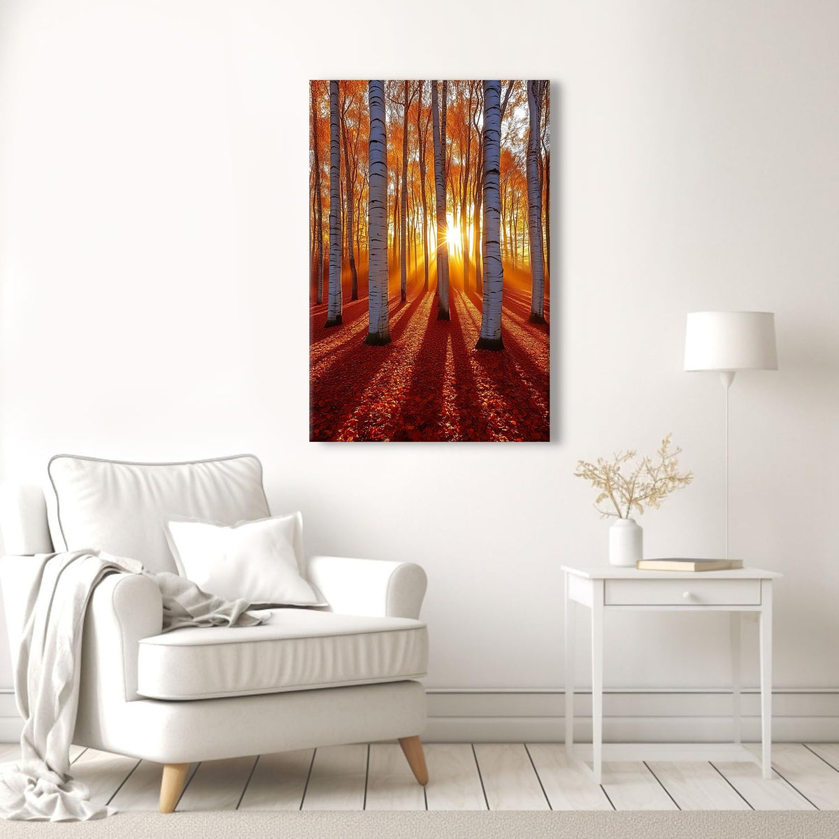 Vintage Sunset Forest Wall Art Decor Nature Morning Autumn Forest Wall Pictures Abstract Maple Leaf Canvas Prints Natural White Birch Tree Paintings Posters Large Artwork Bathroom Decorations 24x36" (24"L x 36"W / Fall02)