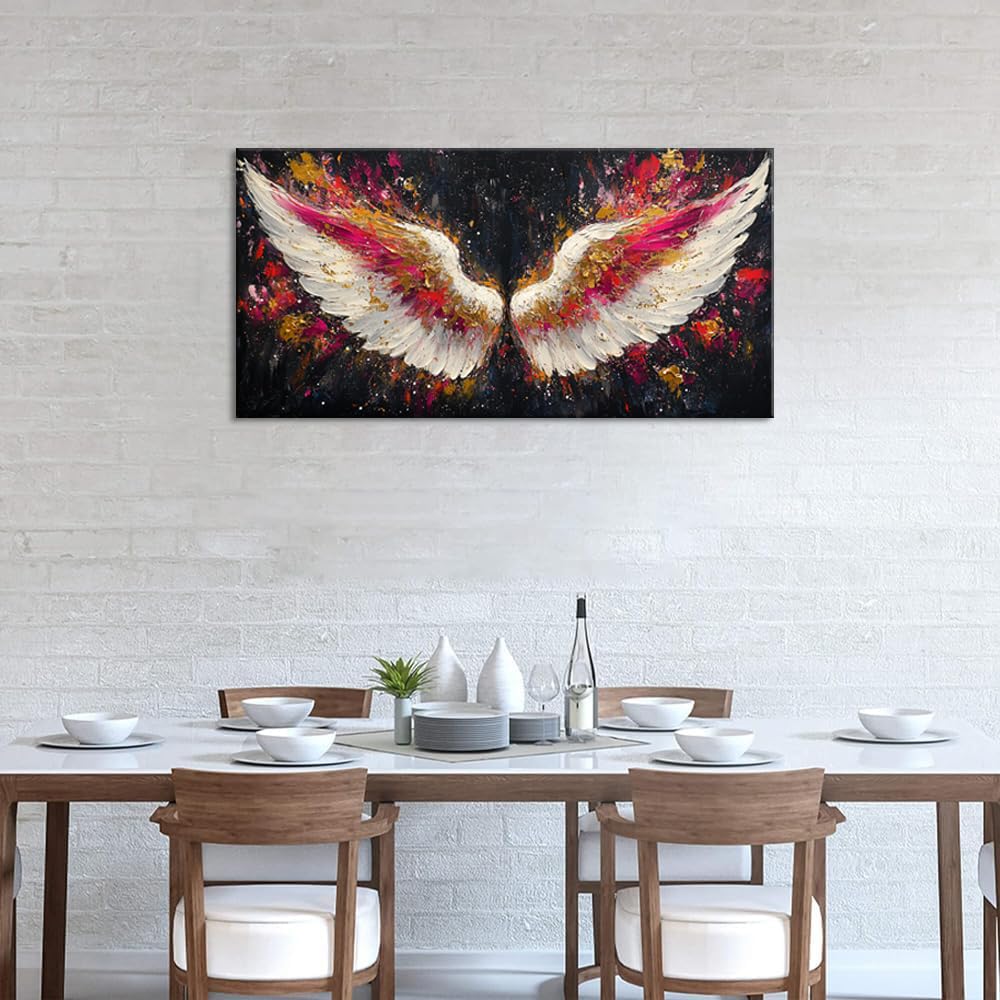 Multicolor Angel Wings Wall Art for Living Room Office Divine Inspiration Splatter Paint Art Painting Prints Contemporary Canvas Artwork Dining Bedroom Decor Extra Large (Contemporary / White Gold Red Angel Wings Wall Art / 58L" x 28W")