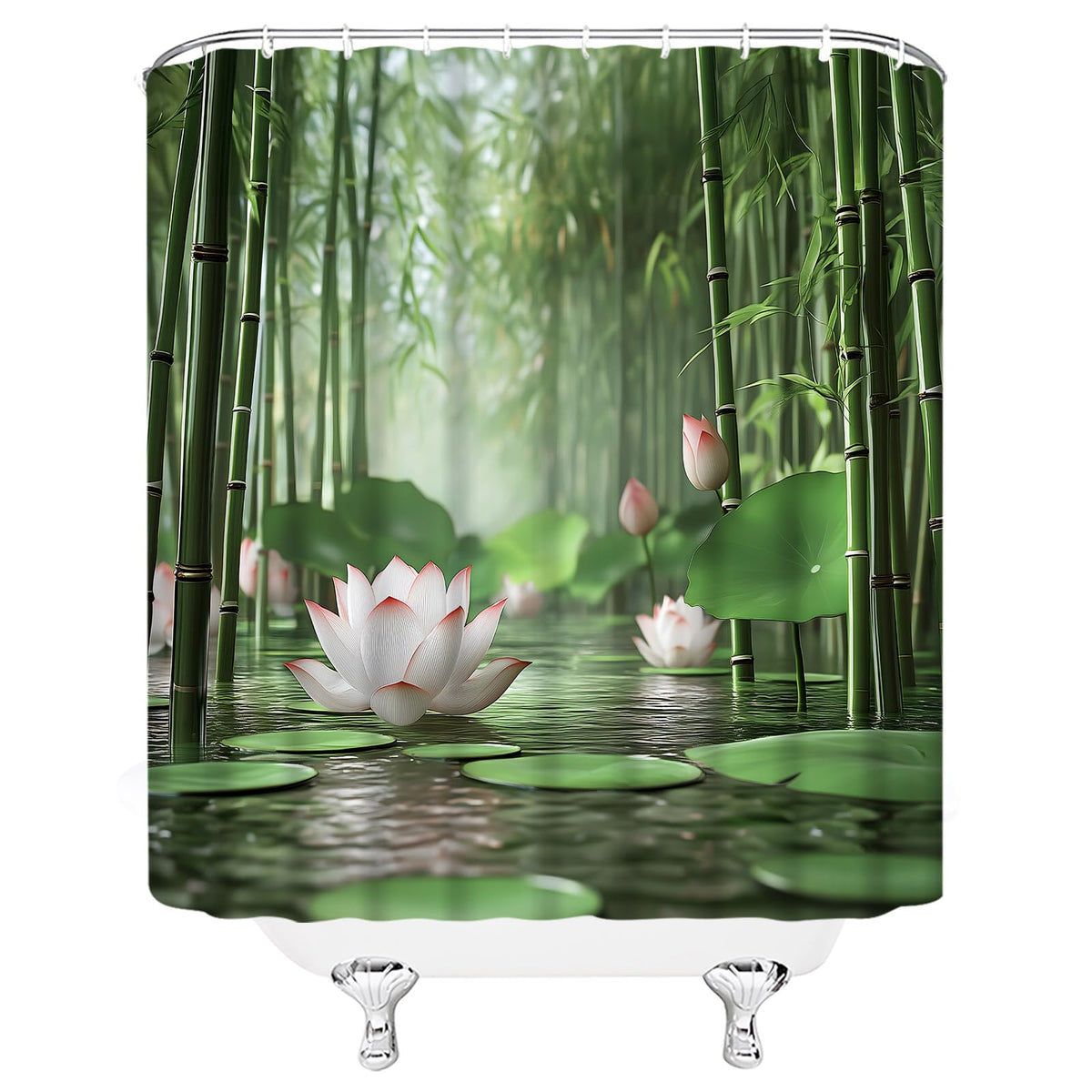 Zen Bamboo Forest Shower Curtain Lotus Asian Oriental Pond Relax (Green / 70"W x 70"L (Pack of 1))