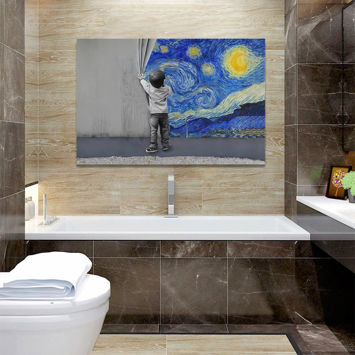 Banksy Wall Art Boys Starry Night Street Graffiti Pictures Wall Decor Kids Canvas Painting Pop Home Modern Artwork Decorations Framed for Living Room Bedroom Bathroom Office 24 x 16 inch (24"L x 16"W / Boy)
