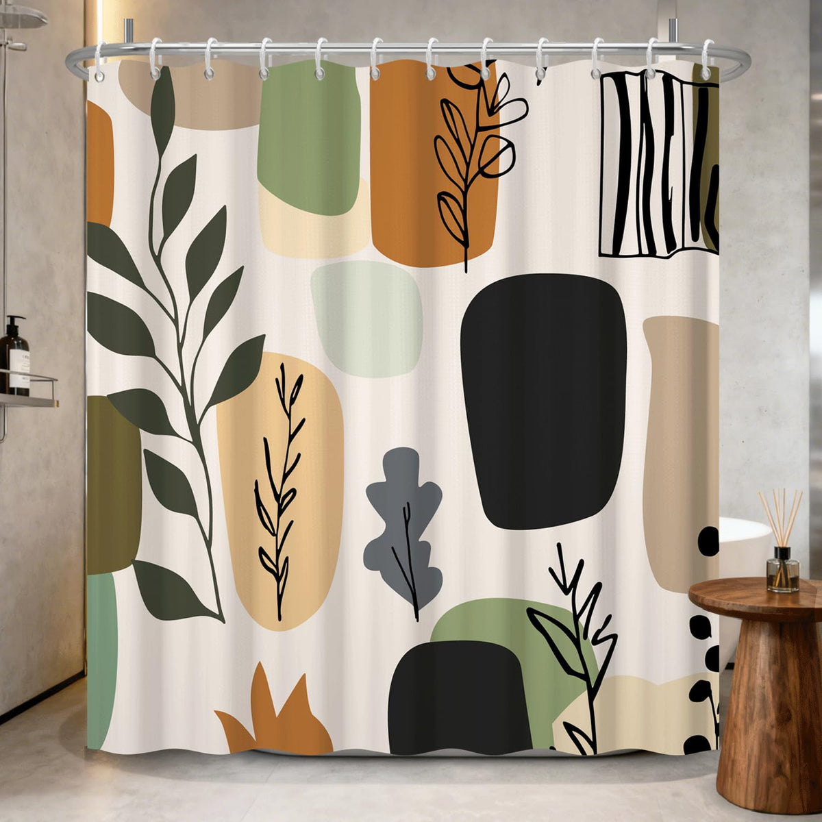 Abstract Geometric Botanical Shower Curtain with Hooks (Geometric & Botanical-b)