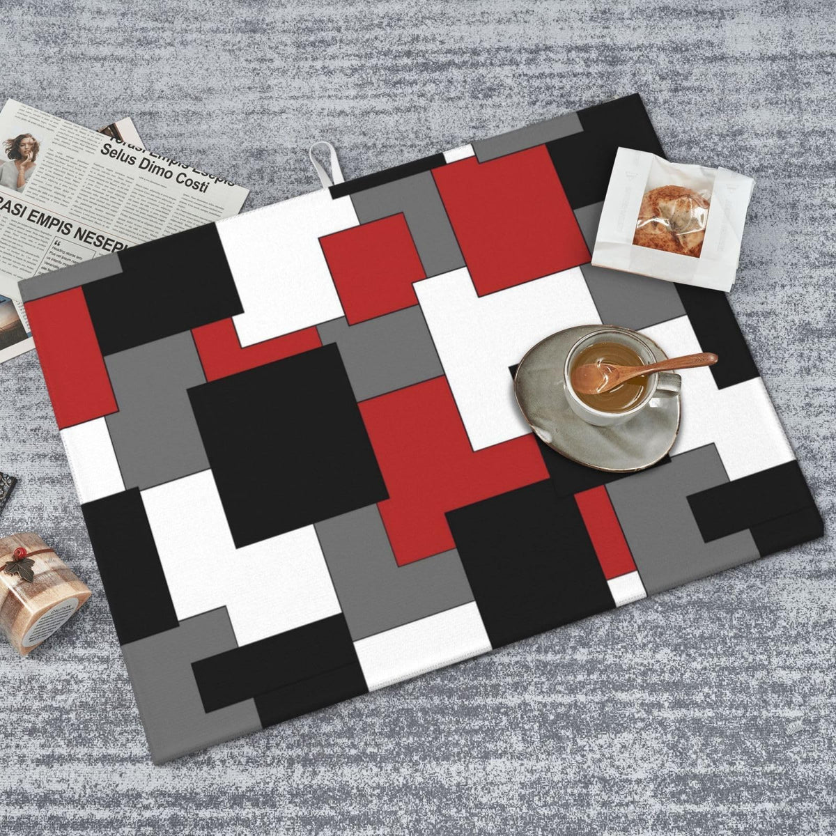 Red Black Grey White Dish Drying Mat 18x24 Inch (Red Black)