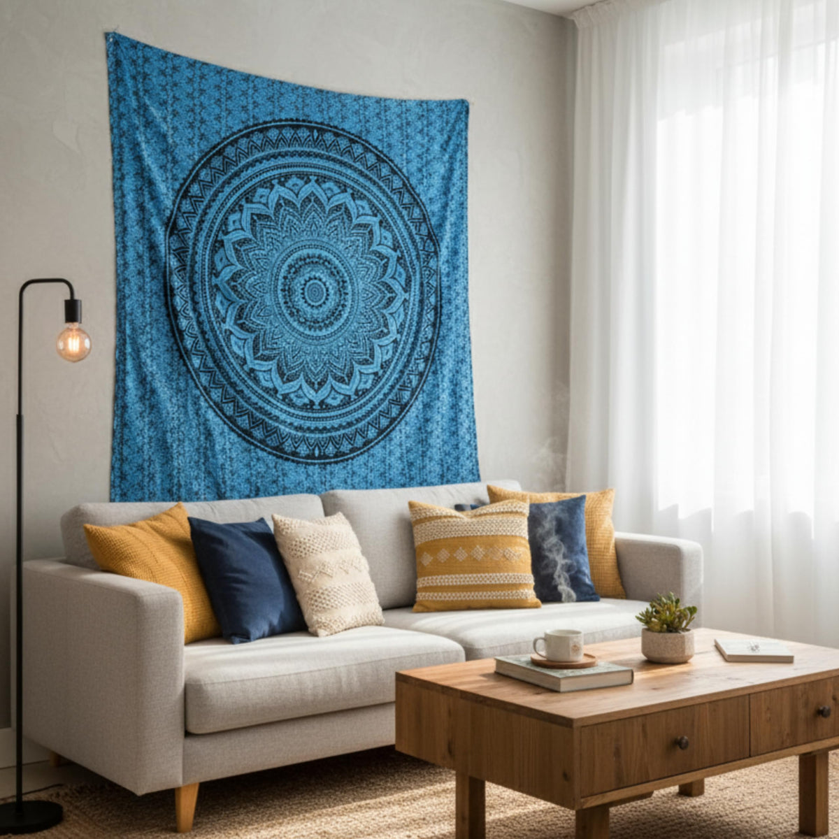 Blue Handmade Cotton Mandala Tapestry (Blue / 90"L x 84"W)