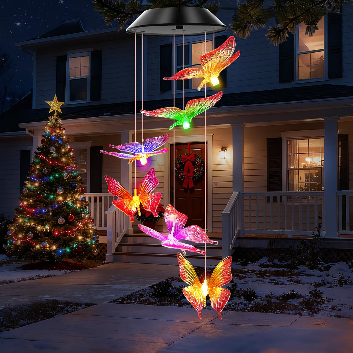 Purple Butterfly Solar Wind Chimes Color Changing Lights Outdoor