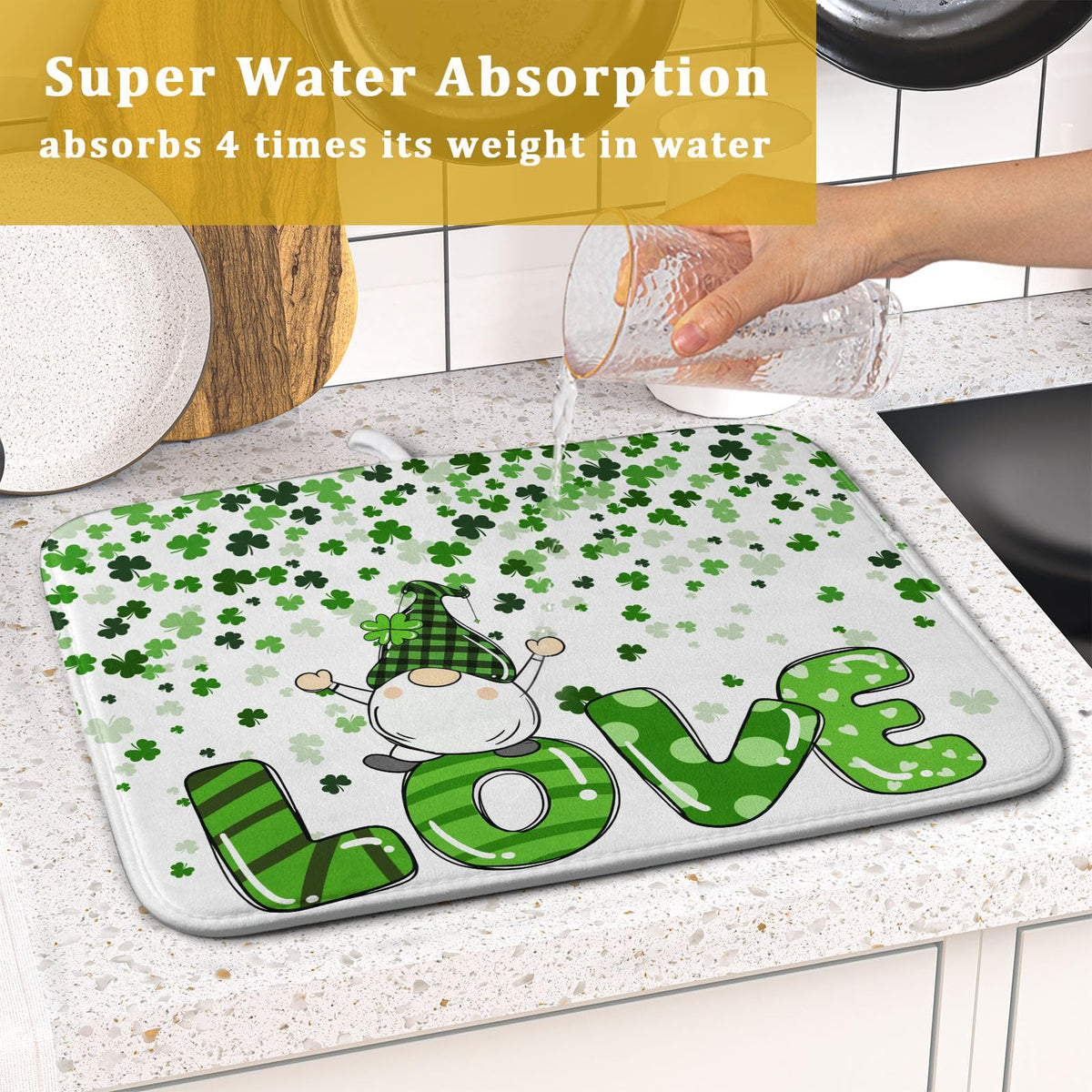 St Patrick's Day Gnomes Love Dish Drying Mat for Kitchen Counter (Gnomes Love / 16" x 18")