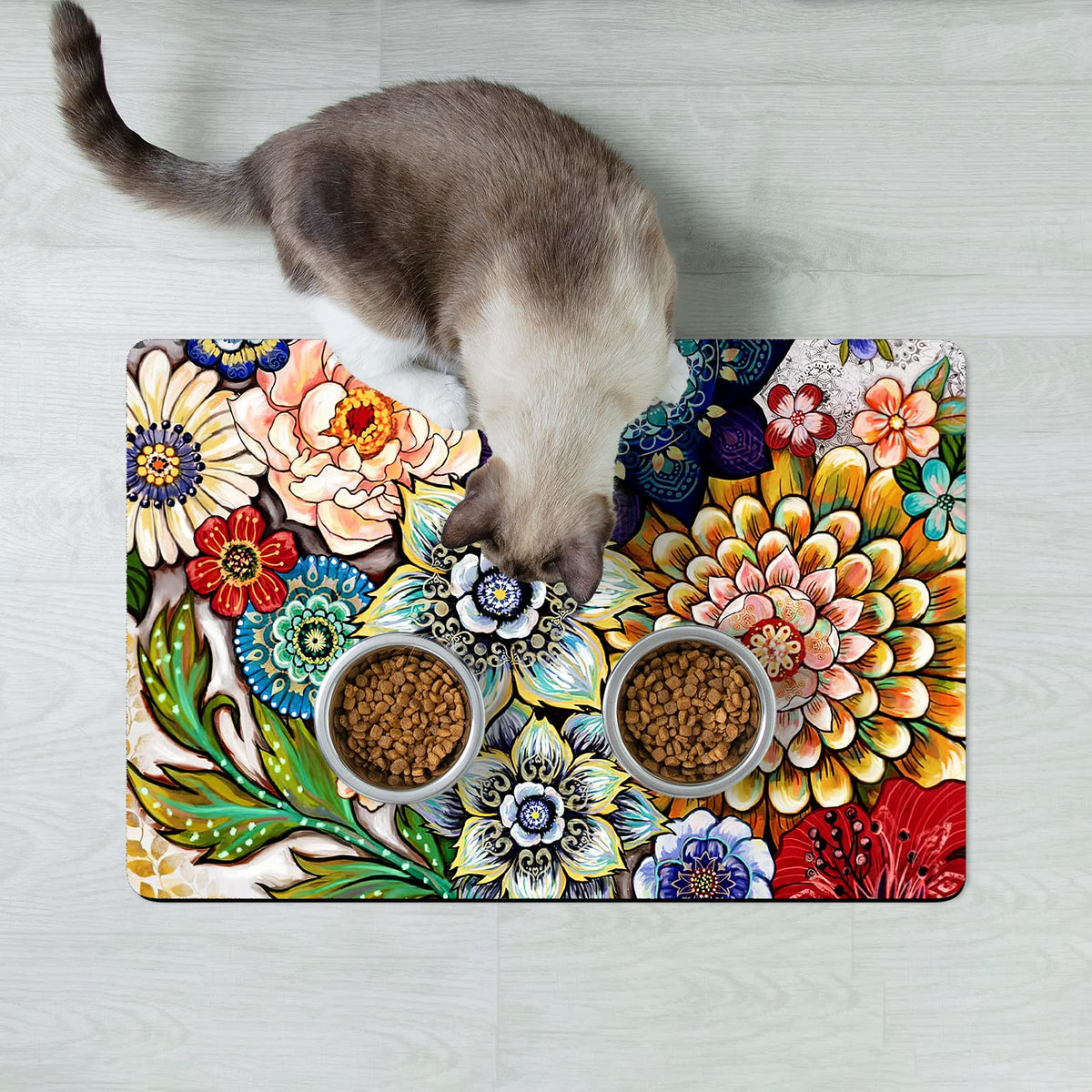 Dog Food Mat 12" x 19" Flower Absorbent Dog Cat Bowl Mat for Food and Water (Colorful Mandala / 19"L x 12"W)