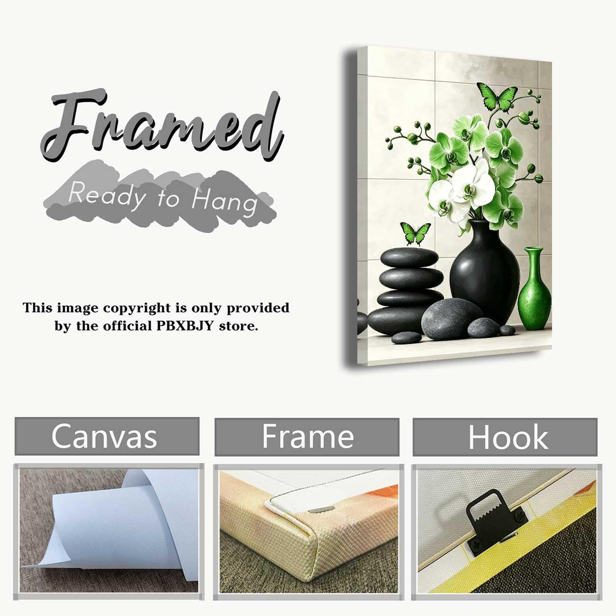 Orchid Flower Canvas Wall Art Zen Bathroom Pictures Prints Spa Stone Butterfly Wall Decor Black White Yoga Meditation Paintings for Living Room Bedroom (Green / 18"L x 12"W)