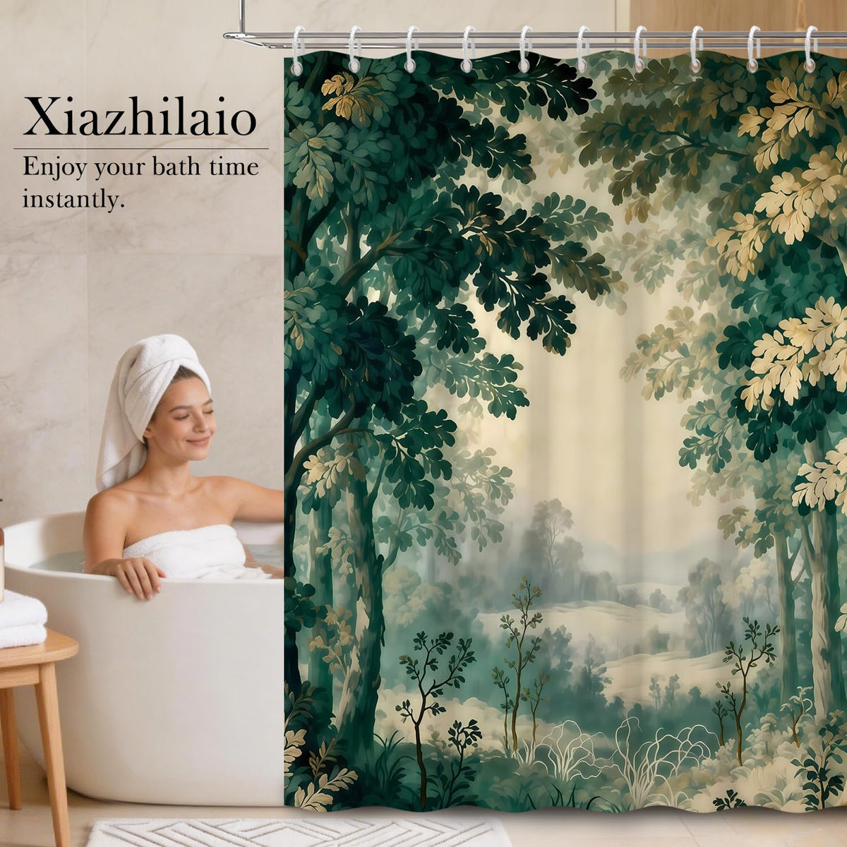 Dark Green Woodland Trees Shower Curtain with Hooks (Green Plants / 72"W x 72"L (Pack of 1))