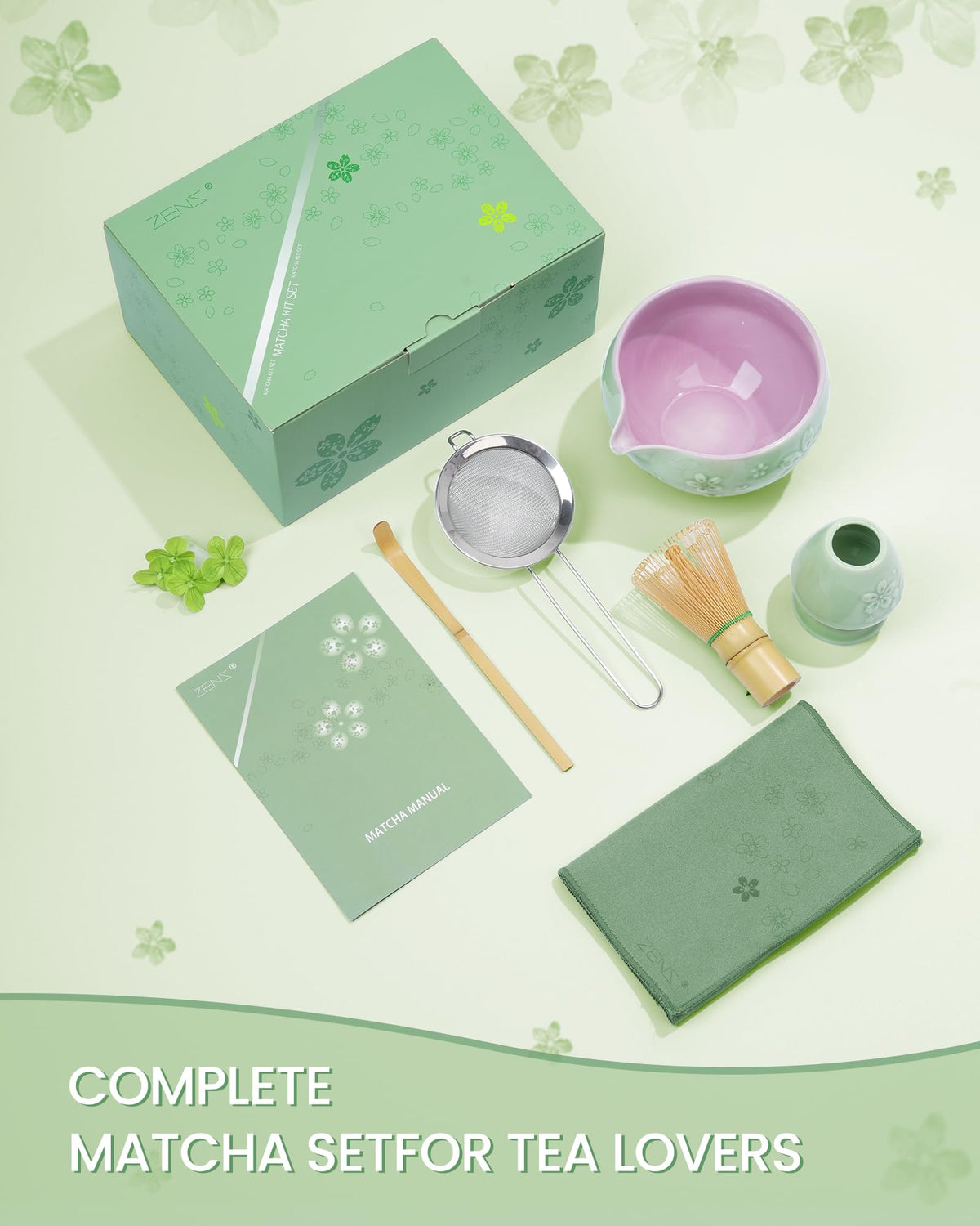 Premium Matcha Whisk Set (15-Light Sakura Green / 6 Pcs)