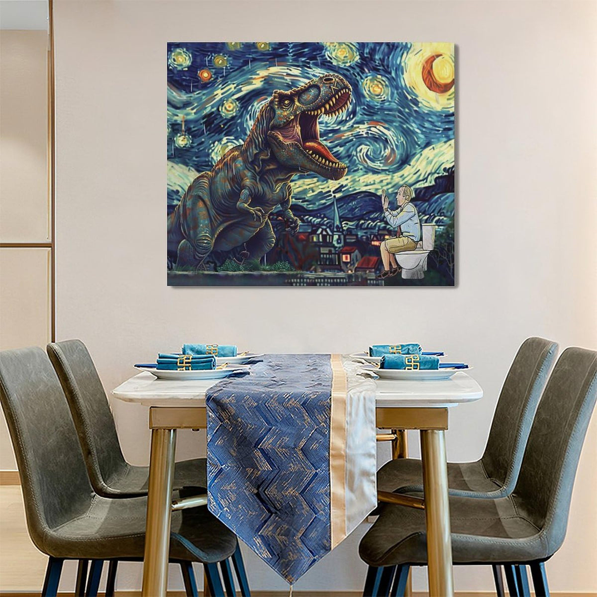 Dinosaur Bathroom Wall Art Starry Night Funny Bathroom Pictures Wall Decor Dinosaur Canvas Painting Print Home Modern Artwork Decorations Framed for Bathroom Living Room Bedroom Office 24 x 20 inch (24L" x 20W" / Dinosaur)
