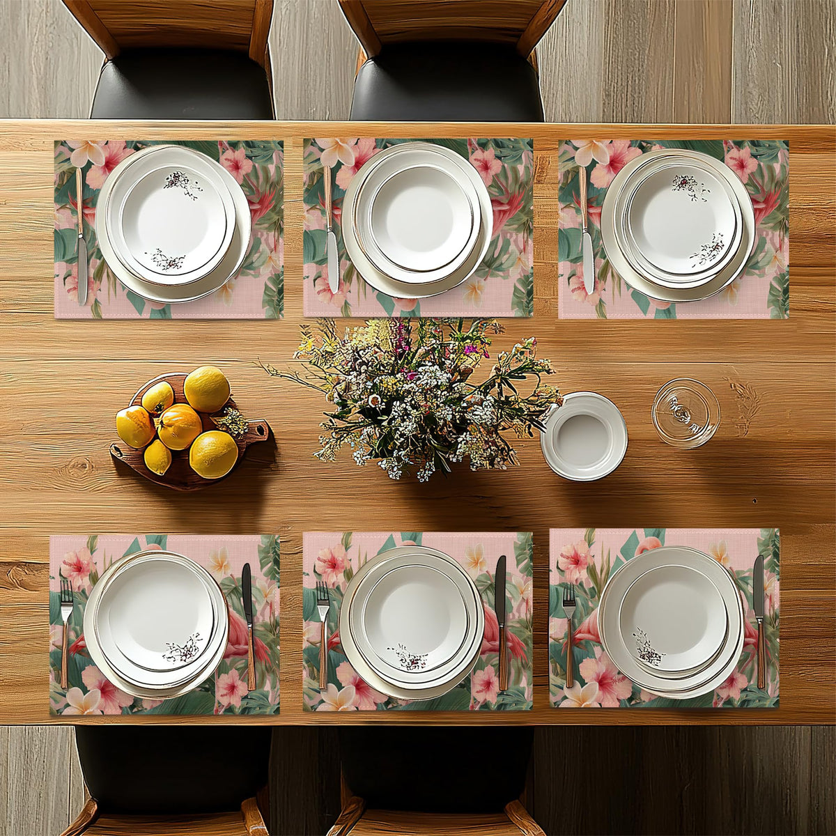 Flamingo Placemats Set of 6 (Flamingo Hibiscus Palm Leaf)