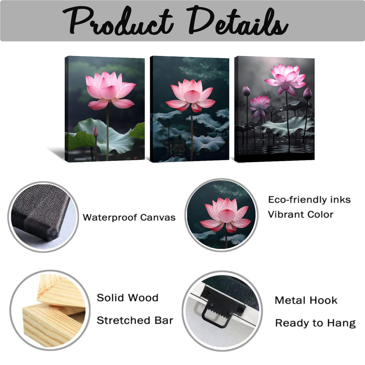 Pink Lotus Canvas Wall Art 3 Pieces Flower with Lotus Leaf in River Pictures Prints Wall Decor Nature Landscape Painting Vintage Artwork for Home Decor (Lotus-5 / 16.00"x24.00"x3P)