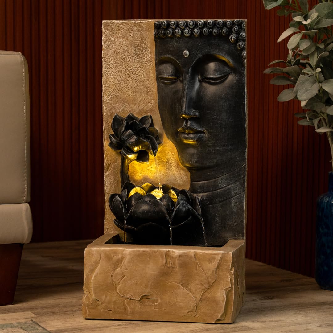 30" H Zen Buddha Face Water Fountain w (Gray and Brown)