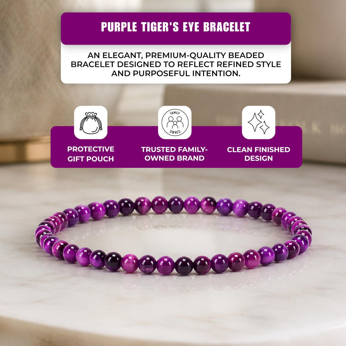 Purple Tiger's Eye Bracelet 4mm Beaded Bracelet (Purple Tiger's Eye / Large)