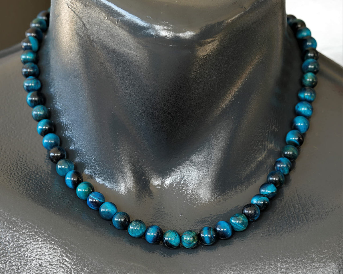Natural Blue Tiger Eye Beaded Choker Necklace (Blue Tiger Eye / 30 Inches)