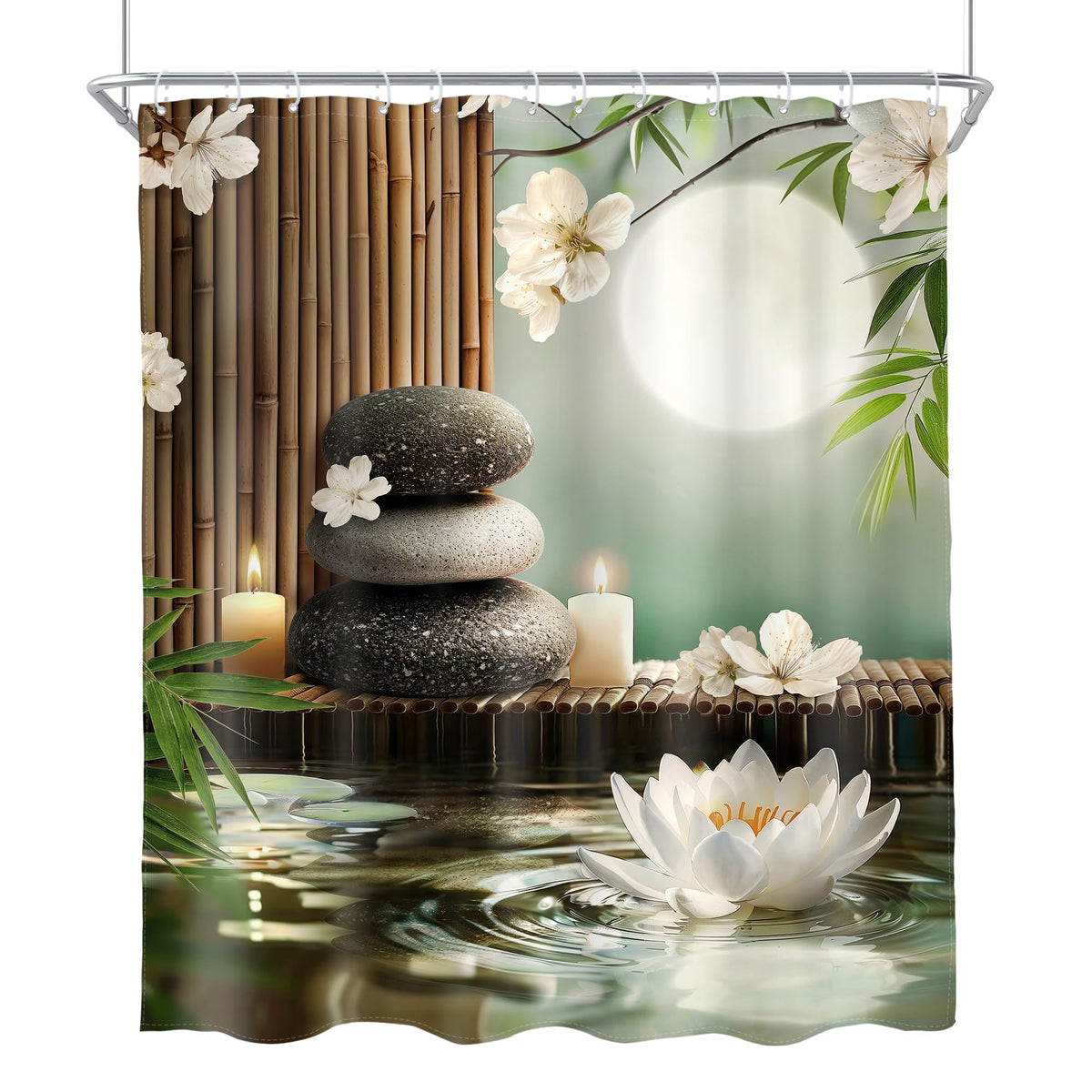 Lotus Zen Bamboo Stone Shower Curtain Spa Floral Pastel Moon 72Wx84L Inch (E-green / 72"W x 84"L (Pack of 1))