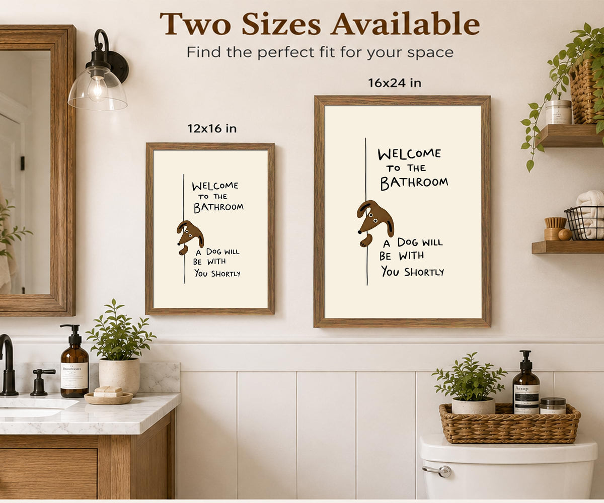 Funny Dog Bathroom Wall Art (Cream, Brown, Black, Natural Wood / 12"L x 16"W)