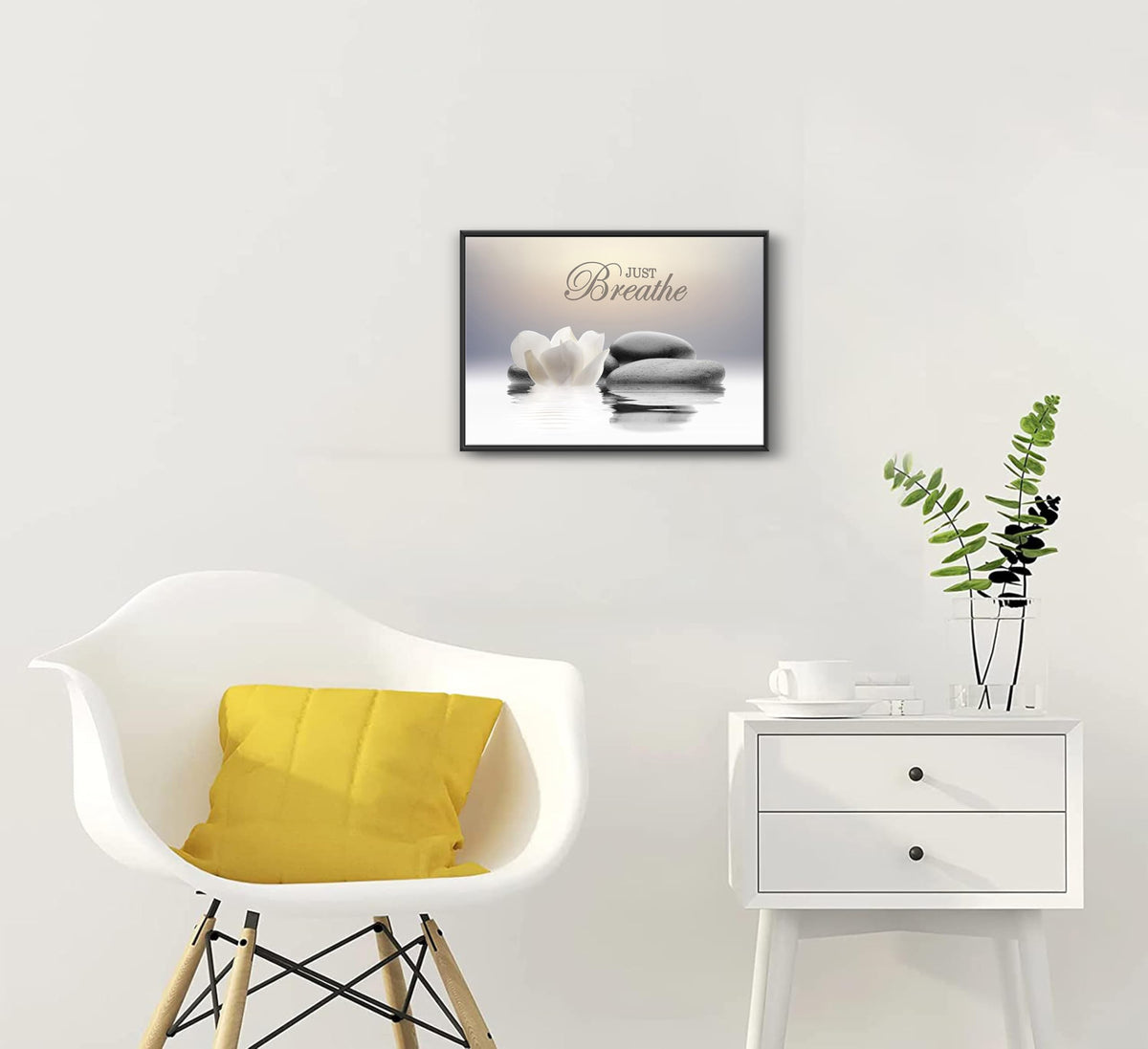 Framed Zen Stone Flower Wall Art White Lotus Just Breathe Yoga Quotes Picture Wall Decor Water Lily Stone Poster Print Artwork for Bathroom Yoga Room Spa Room Meditation Room Office Home Decoration (Framed Lotus / 24"L x 16"W)