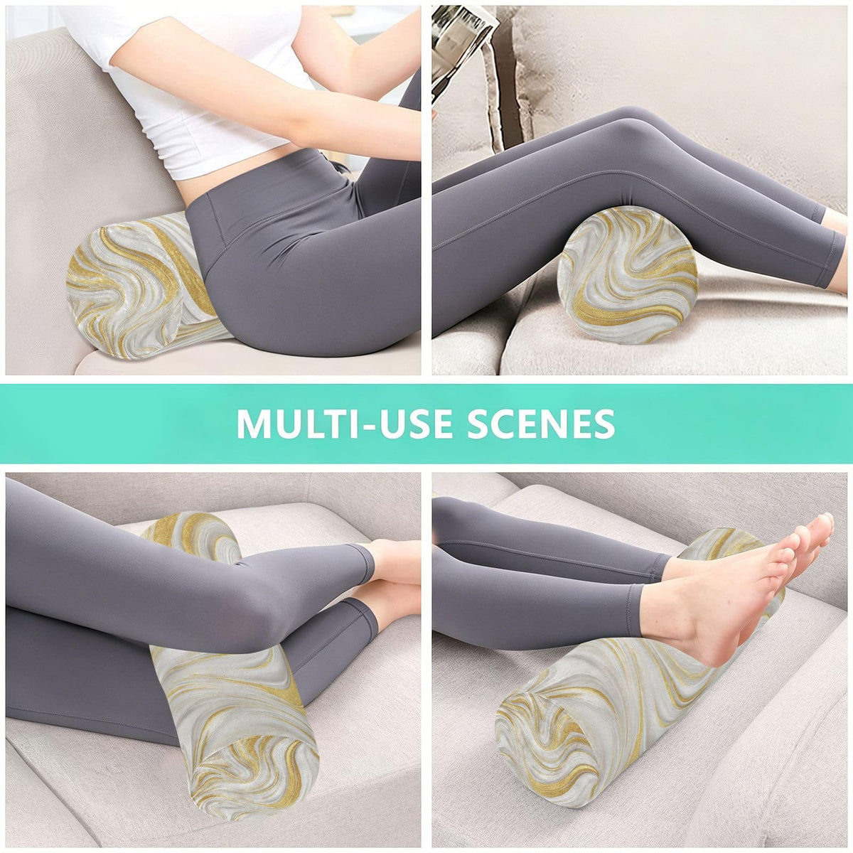 Neck Roll Pillow Bolster Round Health Memory Foam Long Cervical Cylinder Body Pillows with Removable Washable Cover for Bed Legs Back Yoga White Gold Marble (Marble 12)