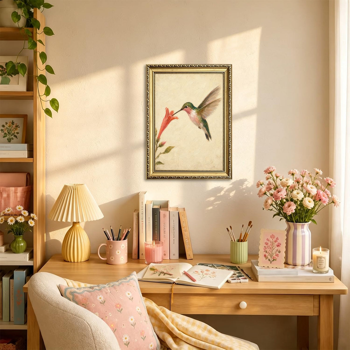 Vintage Hummingbird Wall Art Nature Floral Bird Wall Decor Picture Neutral Bird Canvas Painting Print for Farmhouse Living Room Bedroom 12x16 inch Gold Framed (Animal-LL / 16"L x 12"W)
