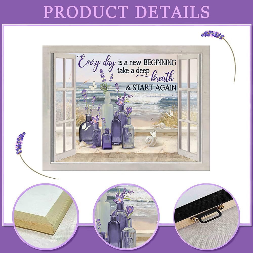 Purple Farmhouse Lavender Bathroom Decor Wall Art Rustic Window Pictures Wall Decor Canvas Painting Prints Artwork Decorations Framed for Bedroom Kitchen 24"x16" (Purple / 24"L x 16"W)