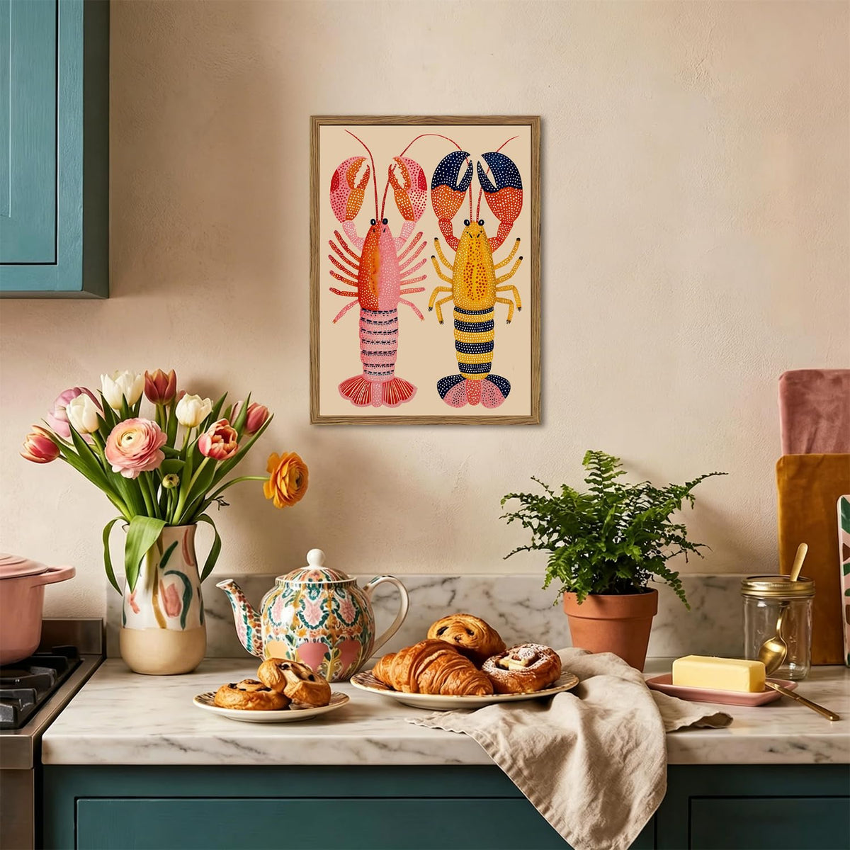 Coastal Lobster Wall Art Colorful Boho Kitchen Wall Decor Picture Seafood Animal Poster Canvas Painting Print for Living Dining Room 12x16 inch Wood Framed (Animal-G / 16"L x 12"W)