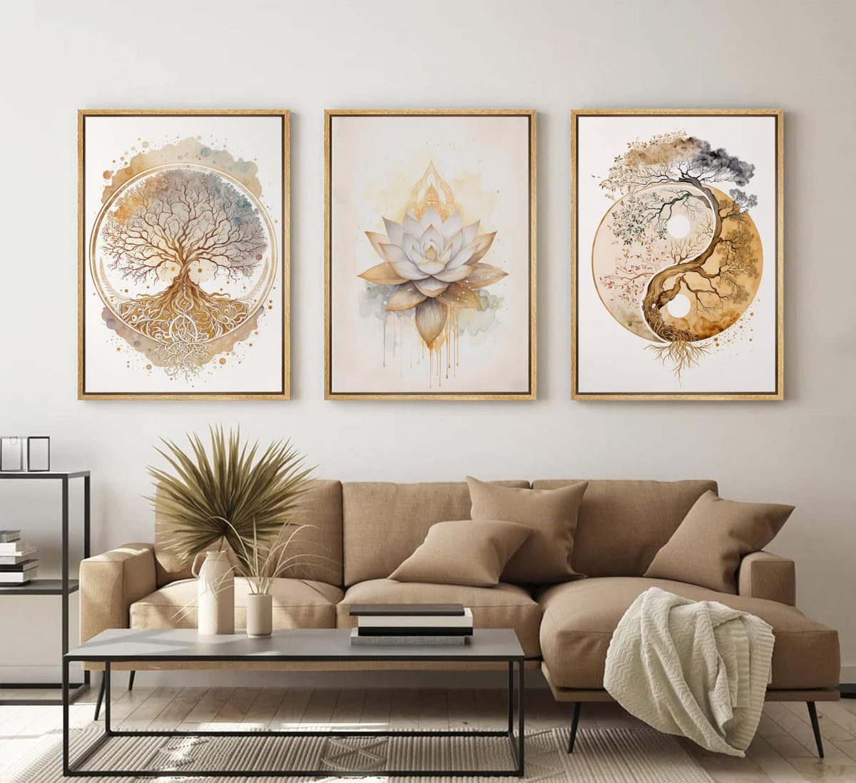 3pcs Framed Tree of Life Canvas Wall Art Gold Lotus Zen Painting Picture Wall Decor Abstract Yin Yang Poster Print Artwork for Living Room Yoga Room Hotel Bedroom Home Decoration Wood Color Framed (Wood grain frame / 24"L x 16"W)