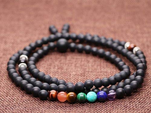 108 Japa Mala 7 Chakra Onyx Stone Wrap Bracelet Necklace (Matte Onyx)