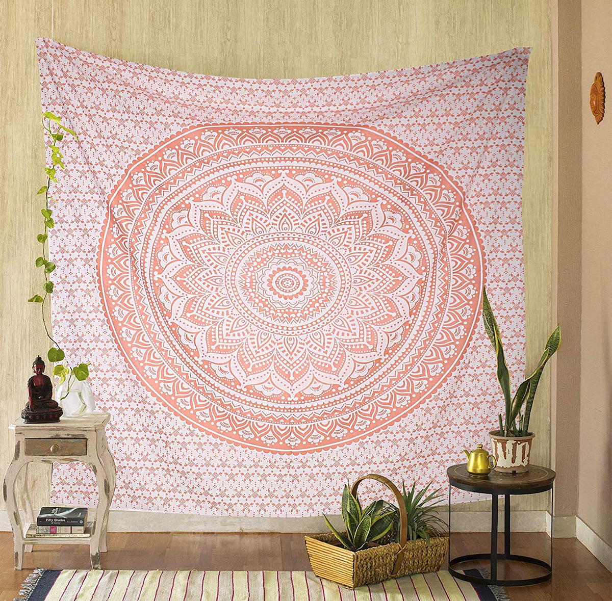 Rose Gold Ombre Tapestry Wall Hanging Mandala (Rose Gold Ombre / 82"L x 52"W)