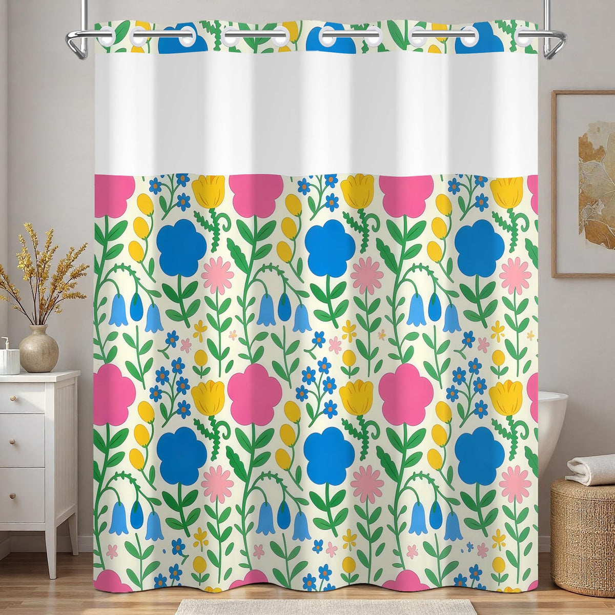 Vibrant Floral Shower Curtain with Snap in Liner 71x74 Inch (Cartoon Flowers)