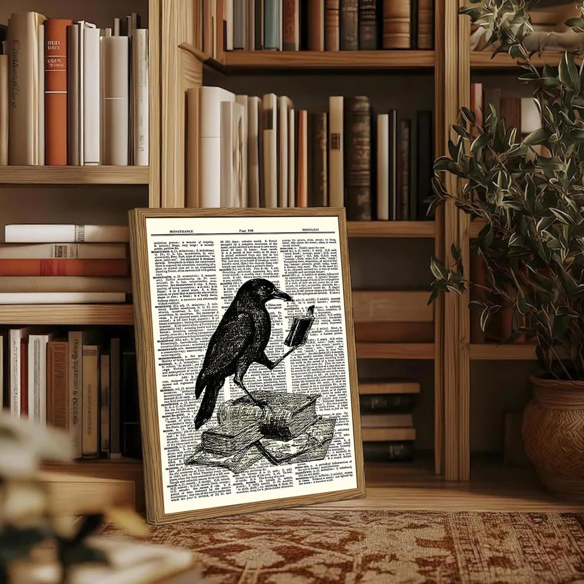 Funny Black Crow Reading Books Wall Art Vintage Raven Wall Decor Picture Dark Academia Animal Poster Canvas Print for Bedroom Living Room 16x24 inch Wood Framed (Animal -P / 24"L x 16"W)