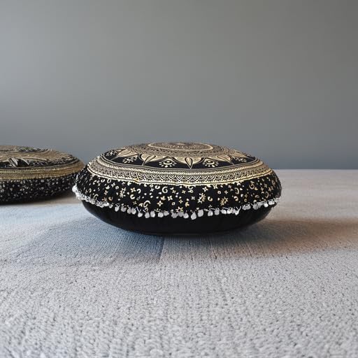 32" Bohemian Floor Pillow Cover Boho Large Round Pouf Cover Mandala Meditation Room Pillows Cover for Adults Seating Poufs Cushion Cover for Kids Playroom Black Gold Trishul (Black Gold Trishul)