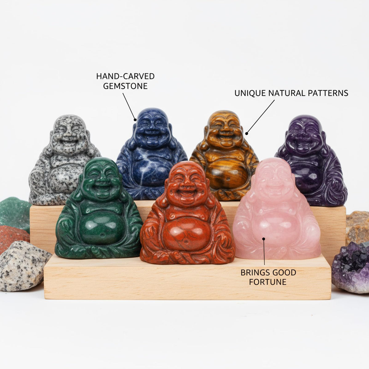 2 Inch Crystal Happy Buddha Statue Hand Carved Laughing Feng Shui Figurines for Good Luck Wealth Happiness Home Decor Gifts (2 inch / Ocean Jasper)