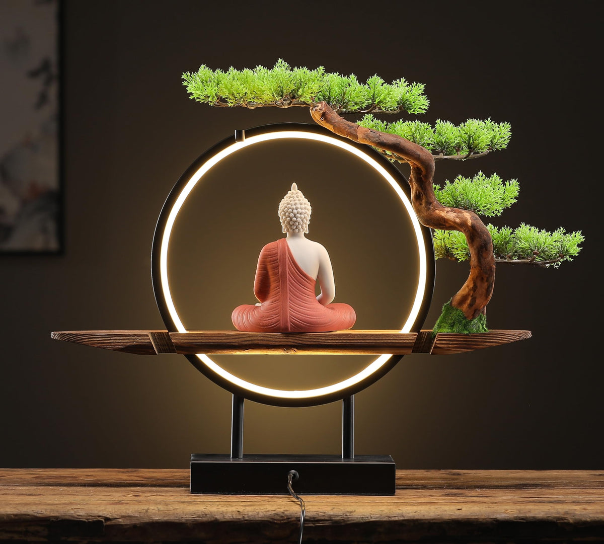 Red Buddha Statue with Green Artificial Tree and LED Circle Table Lamp (Red)