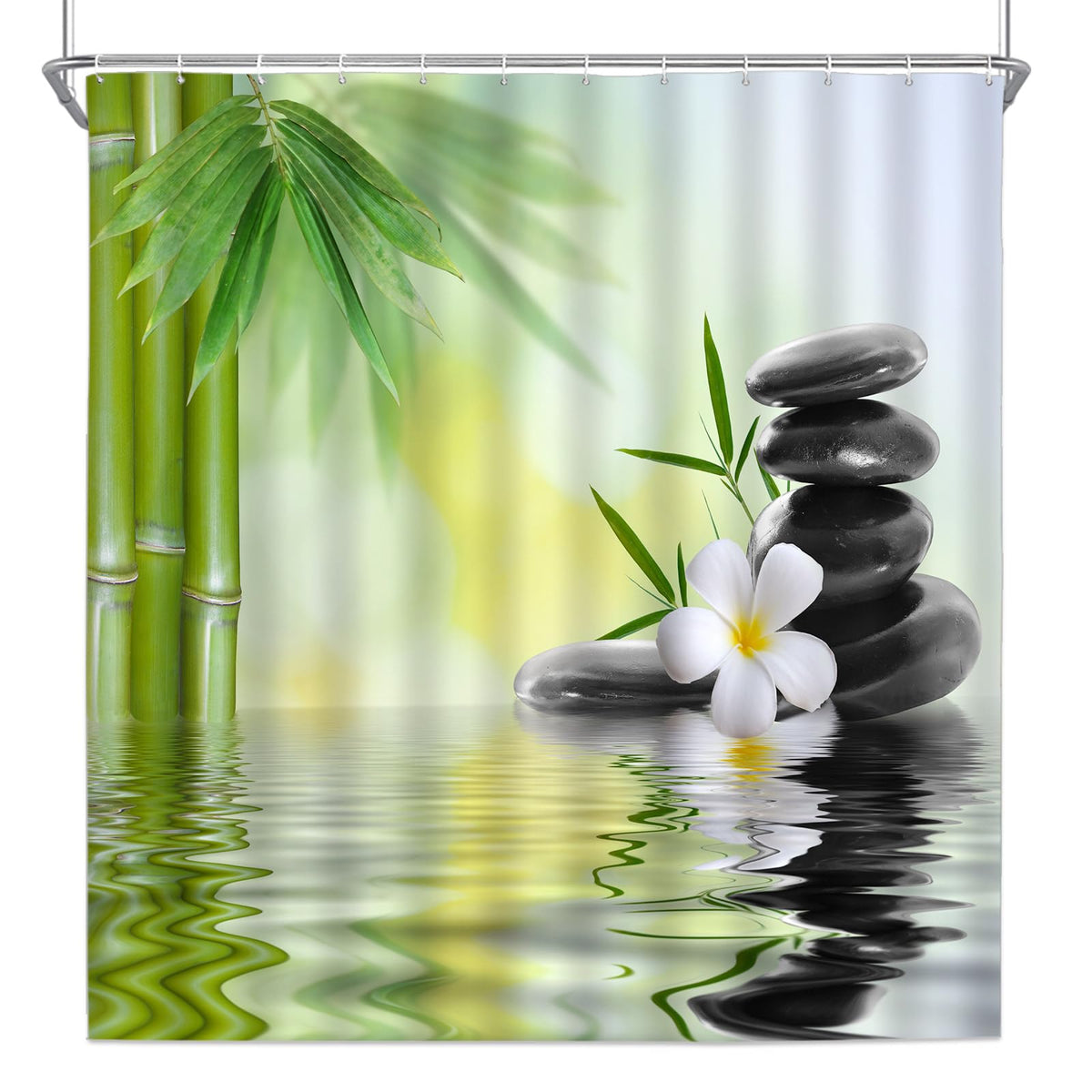 Zen Garden Shower Curtain Spa Green Bamboo Black Stone White Flower Bathroom Decor Supplies Shower Curtains Sets Machine Washable Polyester Fabric 70 x 74.8 Inch with Hooks (Black Green White / 70"W x 74.8"L (Pack of 1))