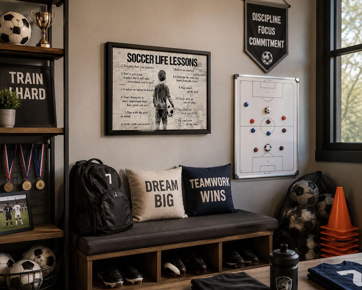 Black Framed Kid Soccer Life Lessons Canvas Wall Art 12x16in (Boy Soccer / 16"L x 12"W)