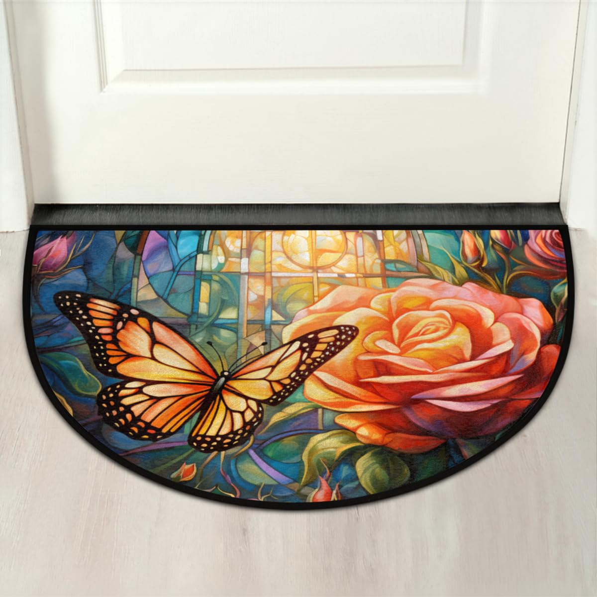 Butterfly Half Round Doormat Non Slip Half Moon Rug Outdoor Welcome Mat (B 019)