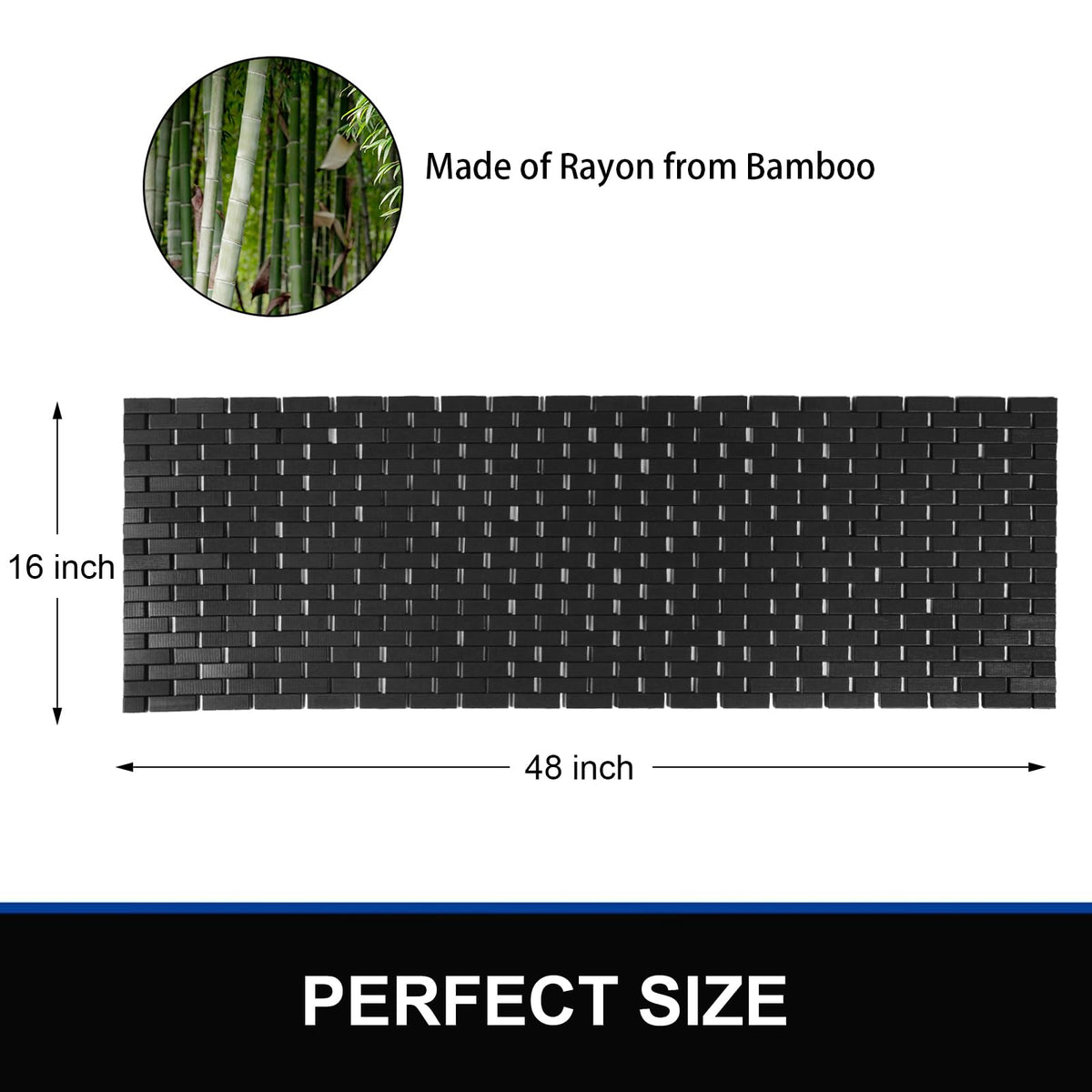 Bambo Bath Mat Bathroom Runner Long Large Rugs Floor Wood Shower Bathtub Waterproof Non Slip Accessories 16x48 Inch Easy to Clean (Black / 16x48 Inch-1 pc)