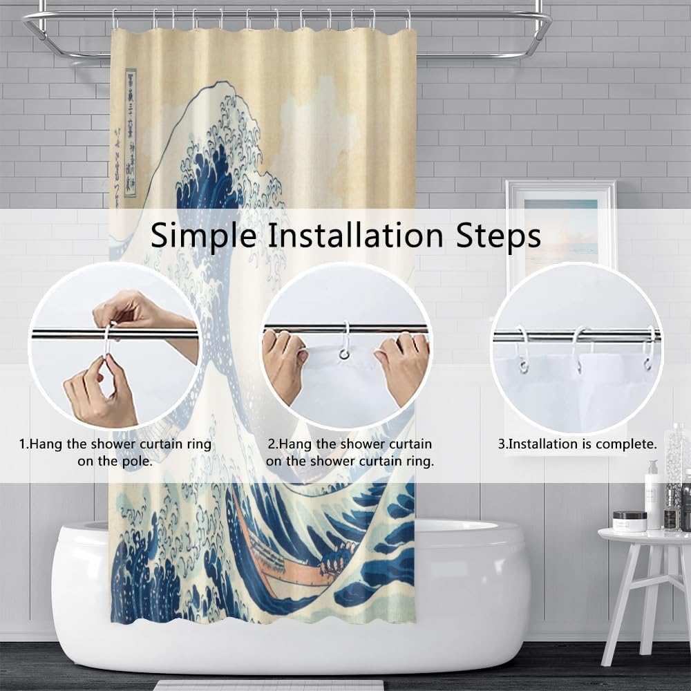 Traditional Japanese Painting Shower Curtain Japanese Sea Waves Bathroom Curtain Abstract Ocean Wave Wooden Boat Shower Curtains Washable Waterproof Fabric Bathroom Decoration 48x72 Inch (48"W x 72"L (Pack of 1) / Blue-48)