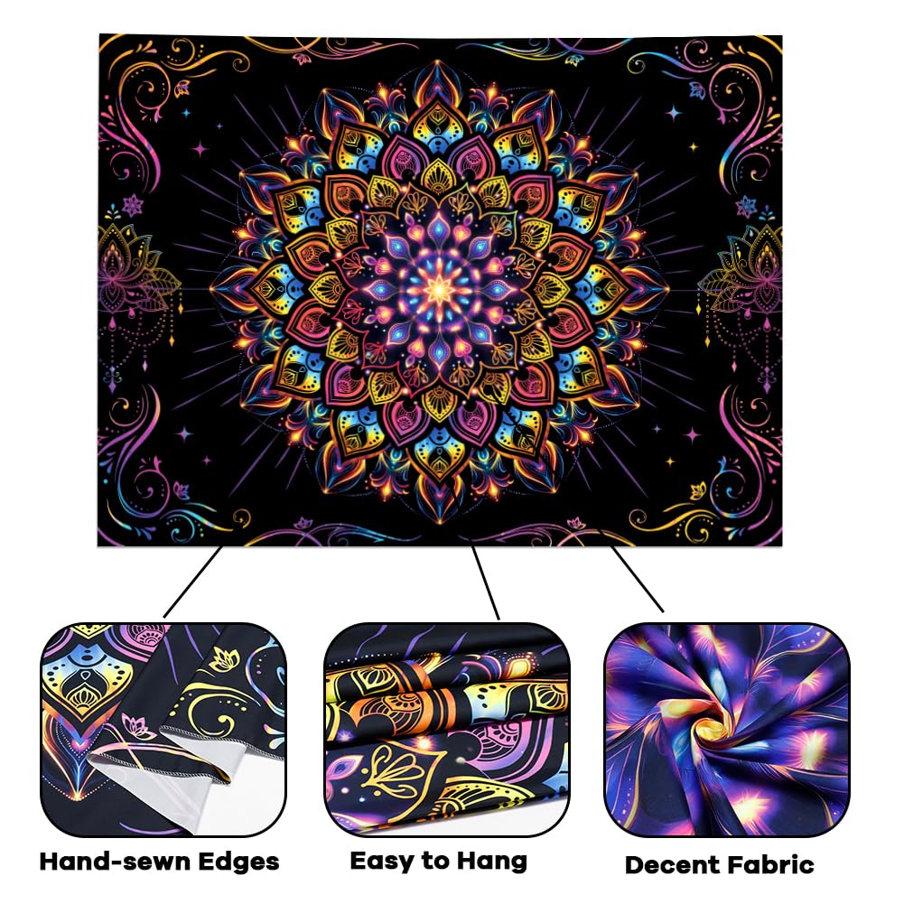 Blacklight Mandala Tapestry UV Reactive Psychedelic Neon Tapestry Hippie Indian Bohemian Wall Tapestries Aesthetic Floral Tapestries Wall Hanging for Bedroom (92.5"L x 70.8"W / Mandala)