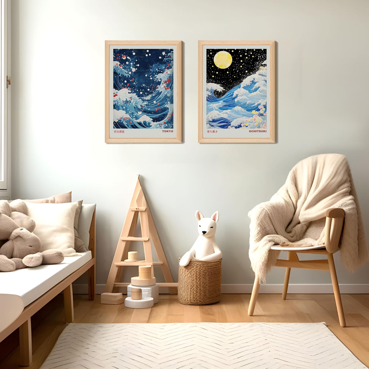 Framed Japanese Great Wave Wall Art Sakura Ocean Ukiyo (Wood Frame Wave-2pcs / 16 X 24 Inches)