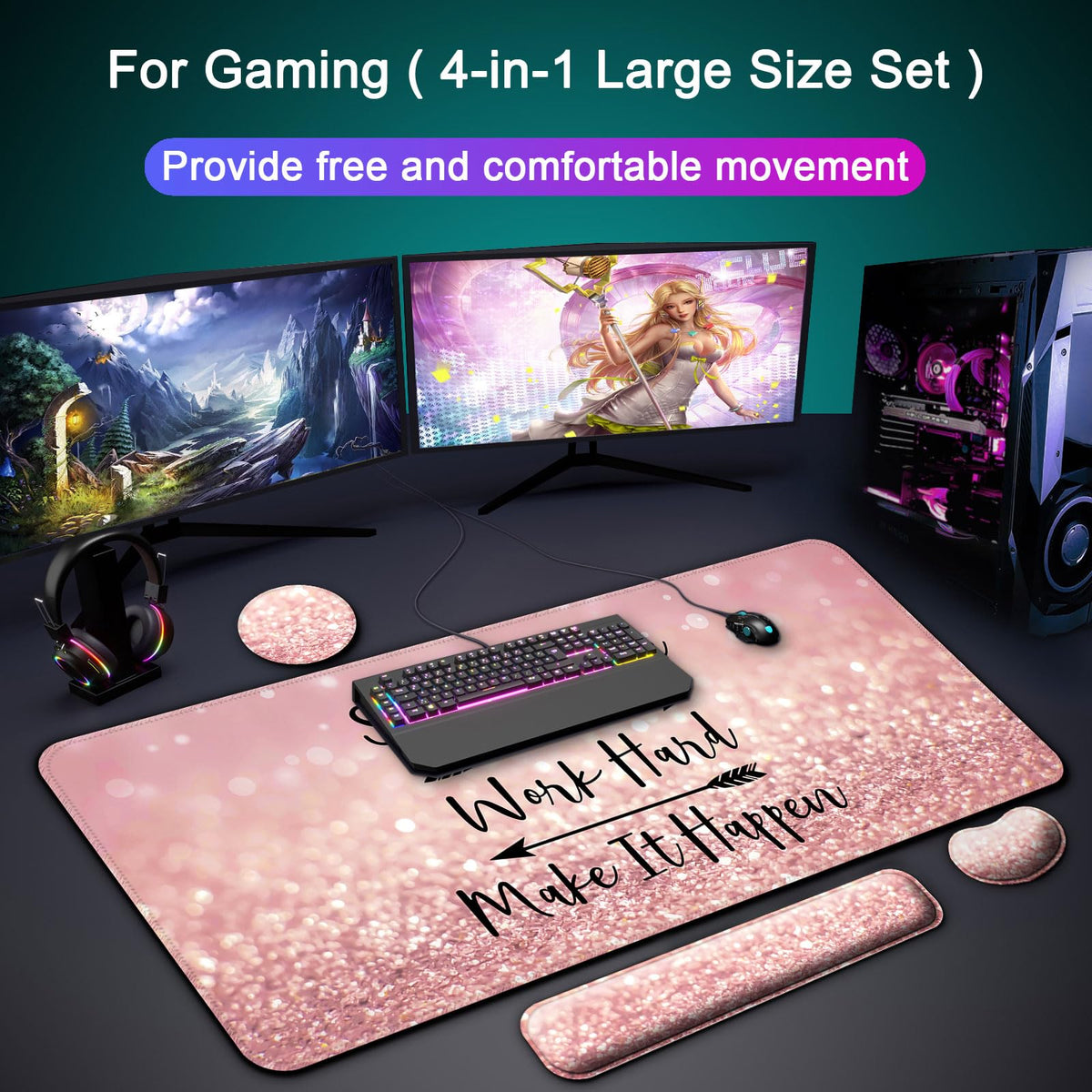4 in 1 Mouse Pad and Keyboard Wrist Rest (D6-pink Words)