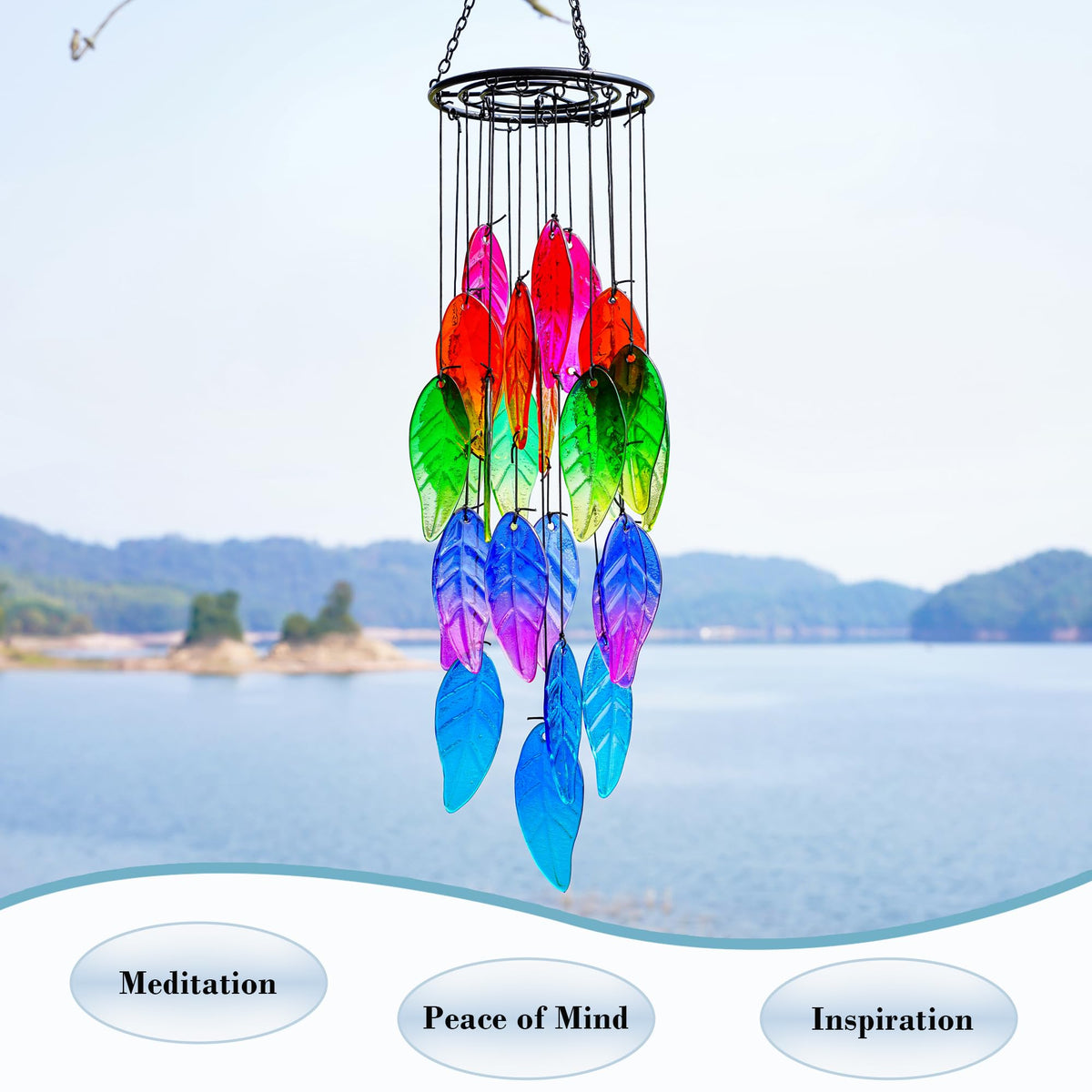 18 Inch Stained Glass Leaves Wind Chimes for Outside Garden (23.8in-Colored Leaves)