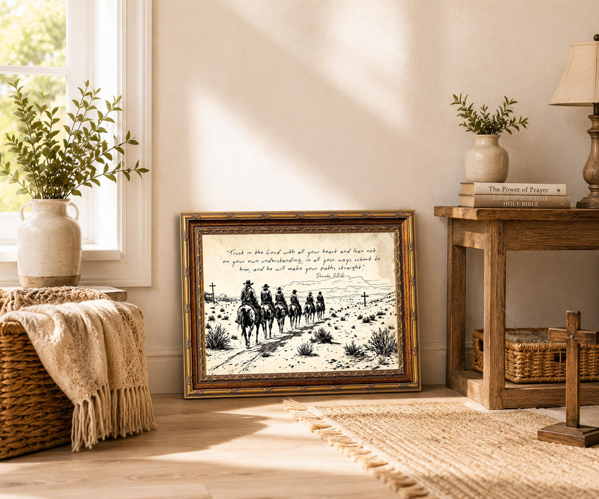 Vintage Gold Framed Christian Western Cowboy Bible Verse Wall Art (Antique Gold, Cream, Black / 12"L x 16"W)